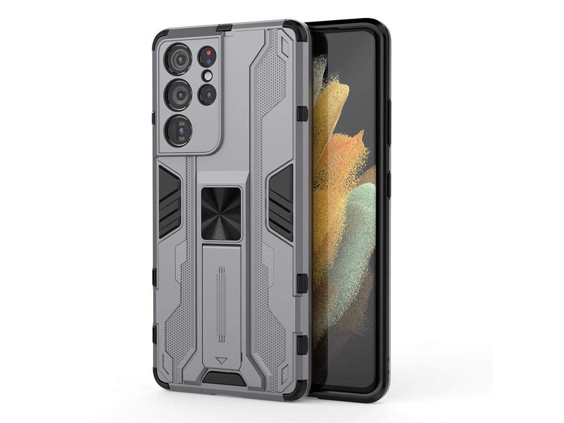 Capa Combinação Ultra Para Samsung Galaxy S21 Ultra 5g Pele Sintética Anti-choque Cinzento