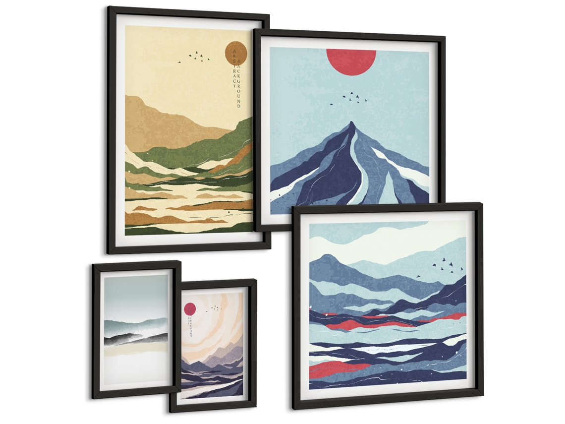 Composição De Quadros Casas Coloridas, Praia, Sol Moldura Preta Quadros Para O Escritório Espelharte (conjunto De 5 Imagens)
