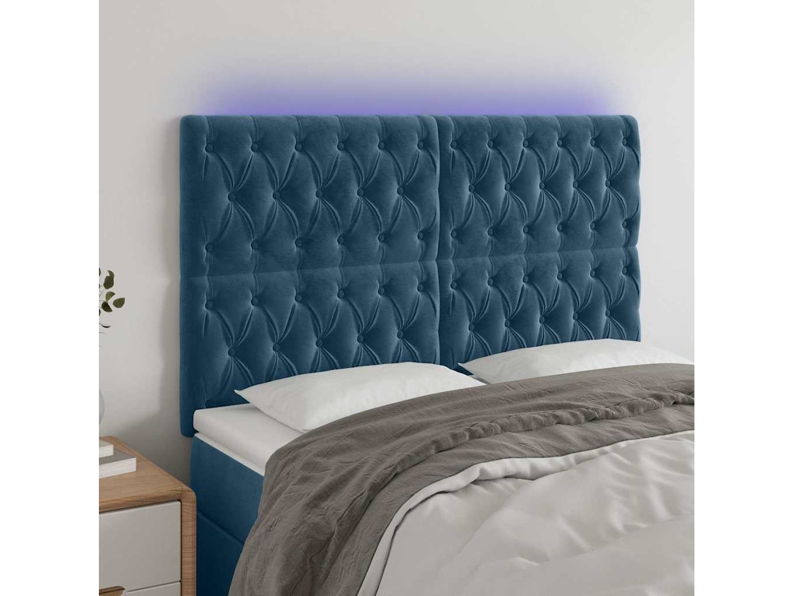 Vidaxl Cabeceira Cama C/ Luzes Led Veludo 160x7x118/128cm Azul-escuro