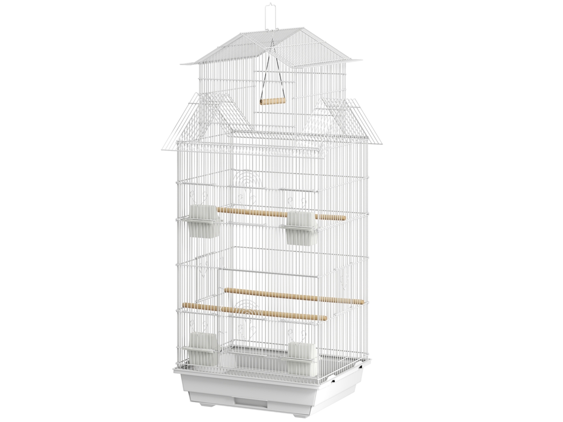 Gaiola Para Pássaros De Aço Com Comedouros Poleiros Balanço E Bandeja Removível 50,5x41x104 Cm Branco