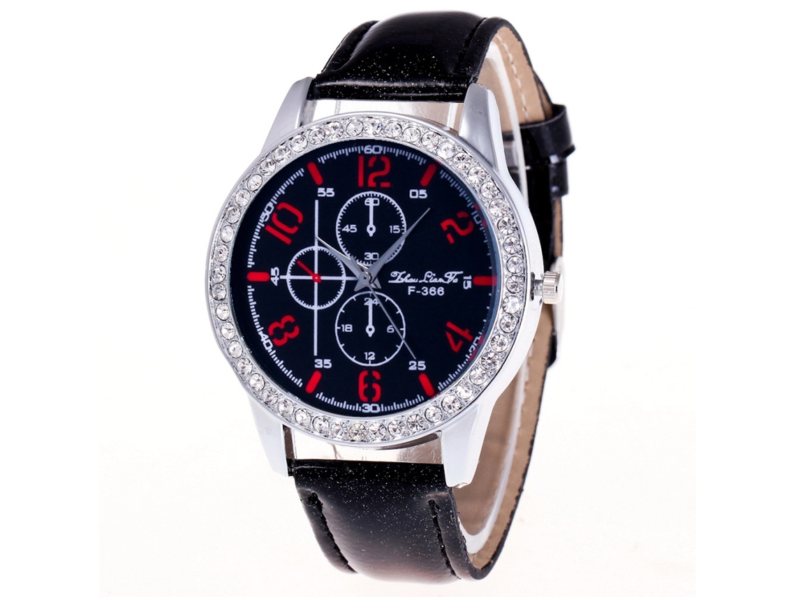 Relógio Zhoulianfa Quartz Chronograph com Strass e Pulseira de Couro (Preto)
