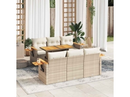 Vidaxl 7 Pcs Conjunto Sofás Jardim Com Almofadões Vime Pe/acácia Bege