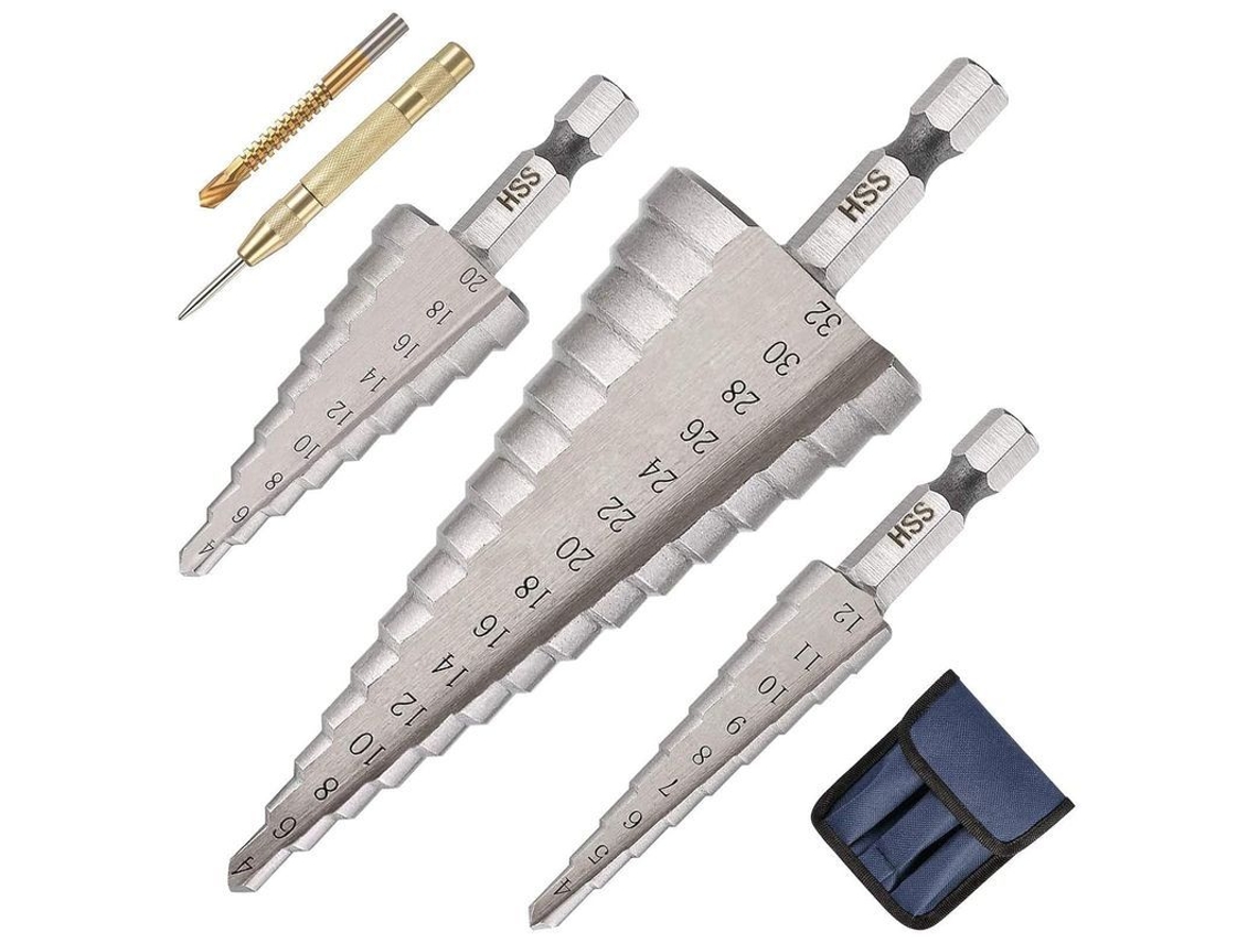 Kit de Broca Escalonada HSS com Revestimento de Titânio, 4-32mm, com Punzón e Broca Helicoidal LINJOU