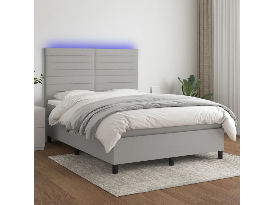 Vidaxl Cama Box Spring C/ Colchão E Led 140x190 Cm Tecido Cinza-claro
