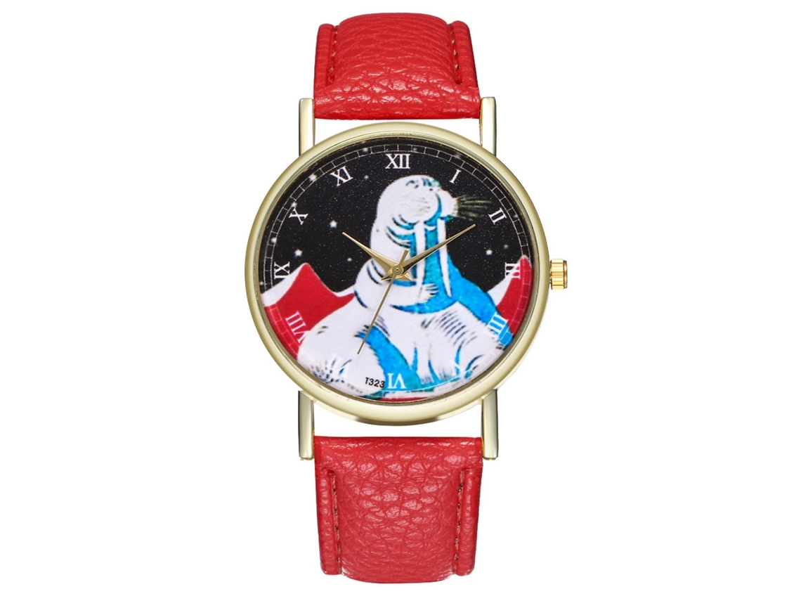 Relógio de Pulso Unissex de Quartzo com Pulseira de Couro Pu Moda com Mostrador Redondo Vermelho