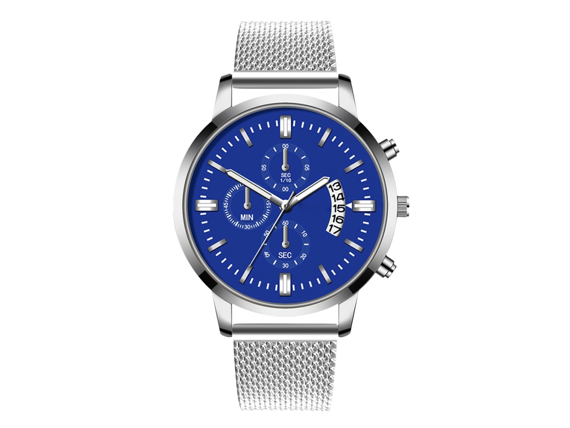 Relógio masculino casual com mostrador redondo colorido, movimento de quartzo e pulseira (prateado e azul).