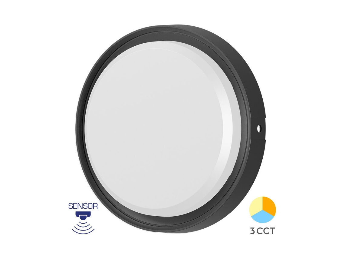 Luminária de parede LED redonda 18W preta 3 em 1 IP65 com sensor