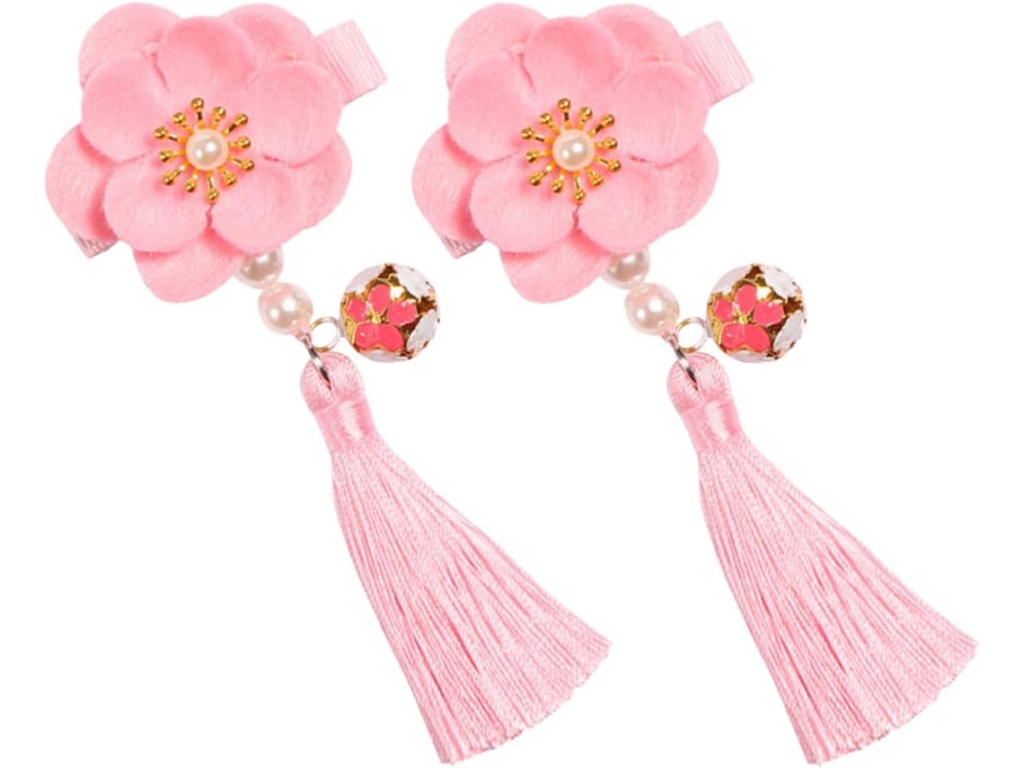 Par de presilhas de cabelo chinesas de feltro rosa para meninas, com pompons e motivos chineses.