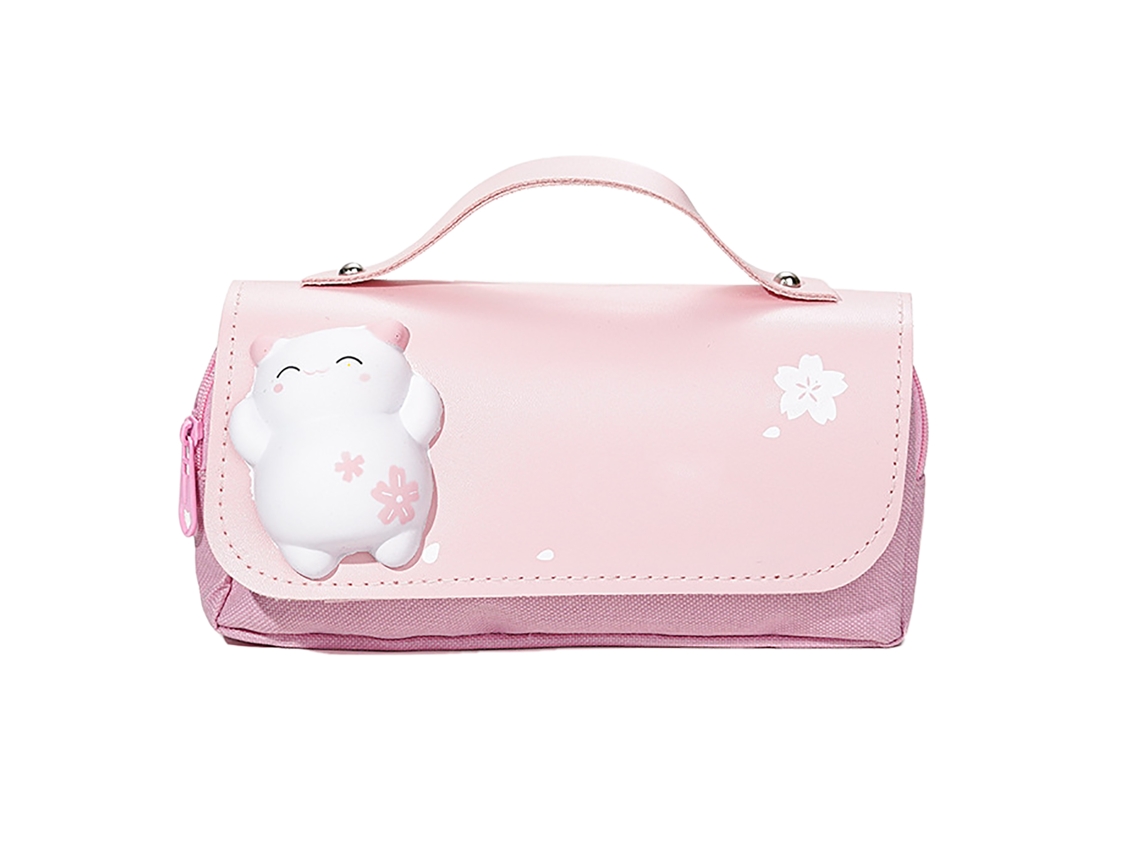 Estuche De Lápices 3d Gatito Con Asa Capacidad Grande Bonito Y Cute Para Aliviar El Estrés Rosado