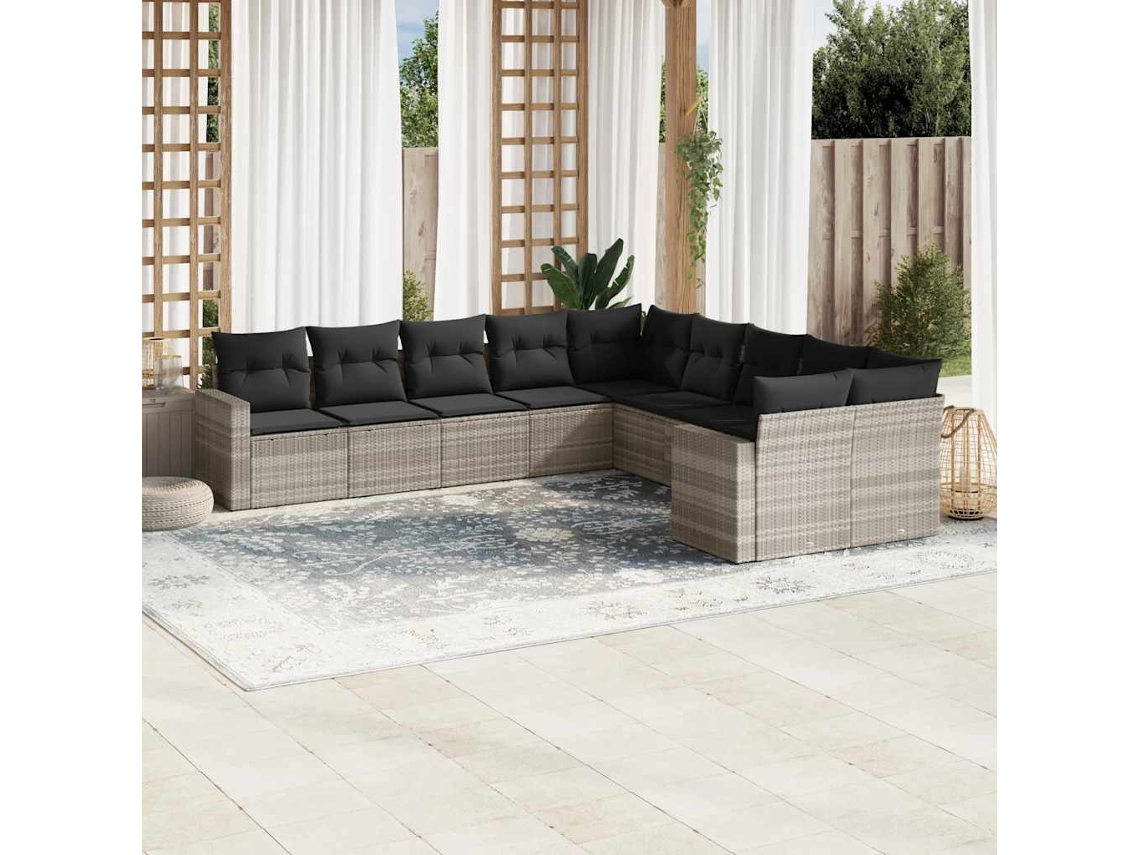 Vidaxl 10 Pcs Conj. Sofás Jardim Com Almofadões Vime Pe Cinzento-claro