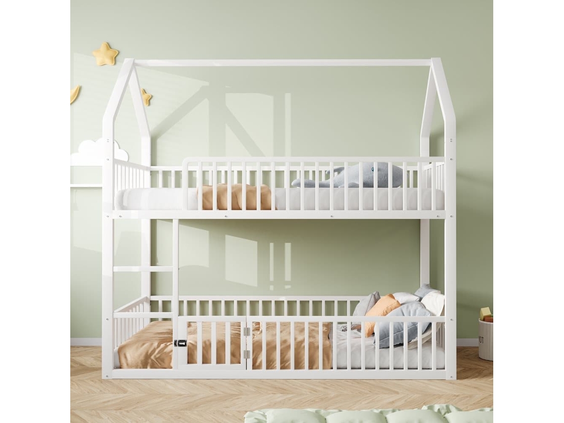 Cama Beliche Infantil 90x200 - Cama Dupla Metálica, Design Loft, Com Escada E Porta Pequena - Branco