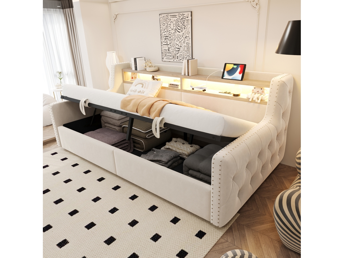 Sofá cama 90x200 Hidráulica Led Usb Encosto Bege