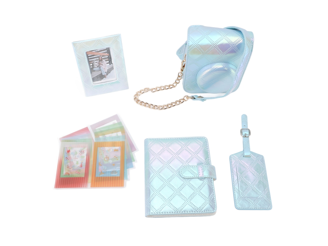 Protective Case Square Plaid Embroidery Thread Pu Leather Bag With Photo Album Photo Frame Boarding Pass Shell Photo Frame Stickers For Mini12 Blue LAXISCREED