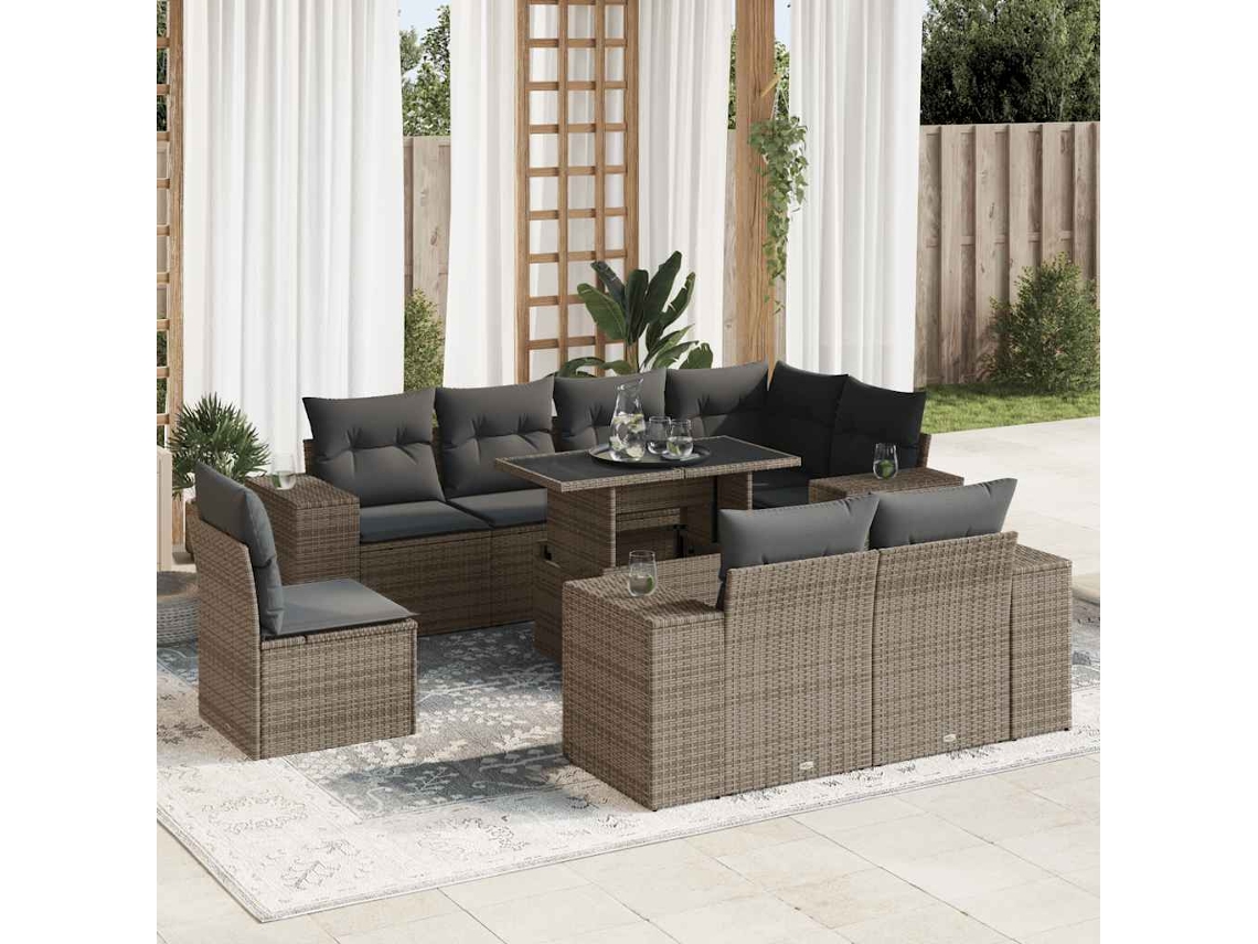 Vidaxl 9 Pcs Conjunto Sofás P/ Jardim com Almofadões Vime Pe Cinzento