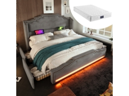 Cama Casal 140x200 Com Gavetas Led Usb-c Estofada Cinza E Colchão