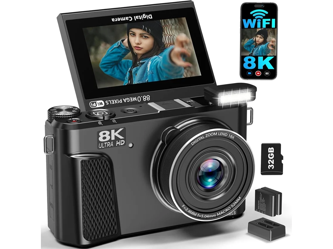 Câmera Digital 8k para Fotografia, Câmera de Vlog Wifi de 88 Mp para Youtube com Zoom Digital de 18x JIAPEI (preta)
