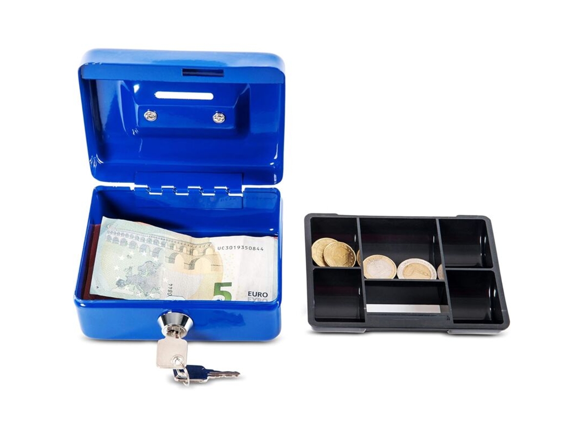 Cofre De Aço Portátil Com Fechadura, 12, 5 X 9, 5 X 6 Cm, Com Abertura Para Moedas. Ideal Como Cofrinho, Pequeno Cofre Ou Gaveta Para Dinheiro. Azul