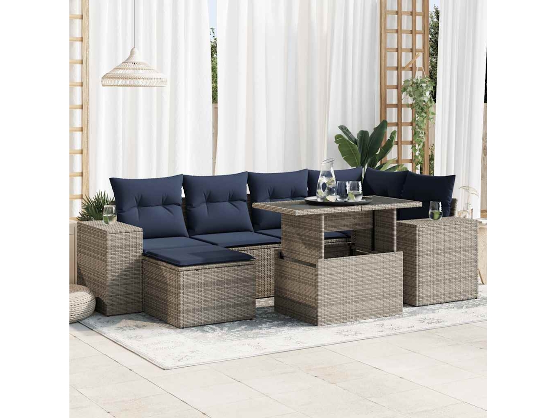Vidaxl 9 Pcs Conjunto Sofás Jardim Almofadões Vime Pe/acácia Cinzento