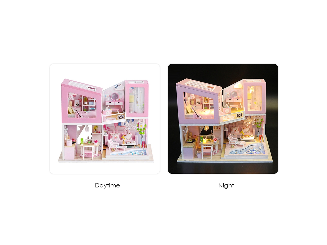 Ats casa de Bonecas Miniatsura Diy de Madeira com Móveis e Luz Led Loft Rosa Brinquedo Criatsivo Presente para Crianças 14+ Adultos Amigos Família