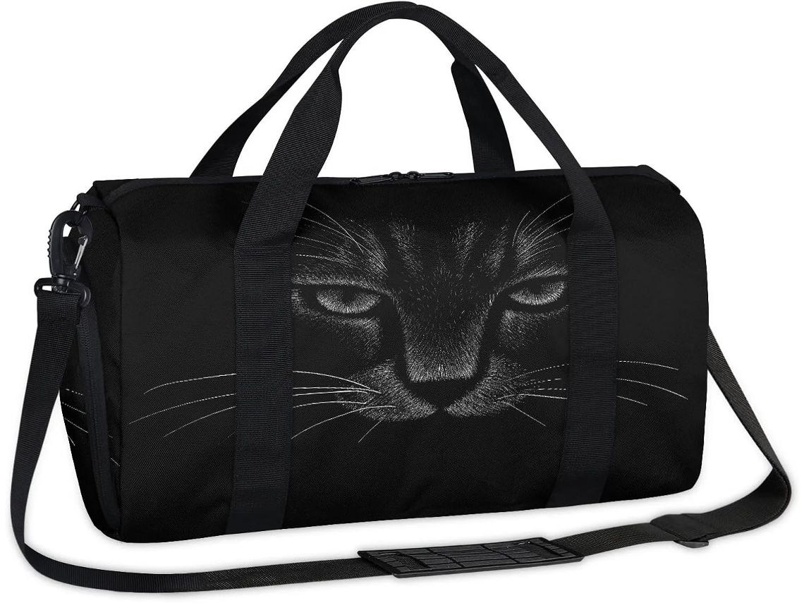 Bolsa Esportiva Preta com Estampa de Gato POLÍESTER 45x21x23 cm