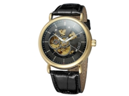 Relógio masculino automático mecânico com pulseira de couro PU, resistente à água e com design vazado, preto e dourado.