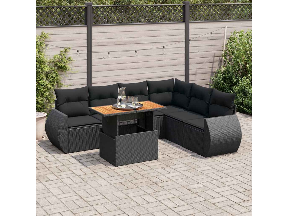 Vidaxl 7 Pcs Conjunto De Sofás P/ Jardim C/ Almofadões Vime Pe Preto