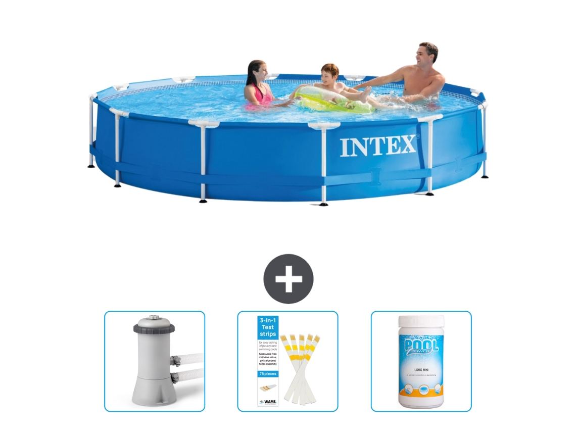 Piscina INTEX Moldura Redonda 366 X 76 Cm Azul Incluída Bomba de Filtro de Piscina Tiras de Teste Cloro