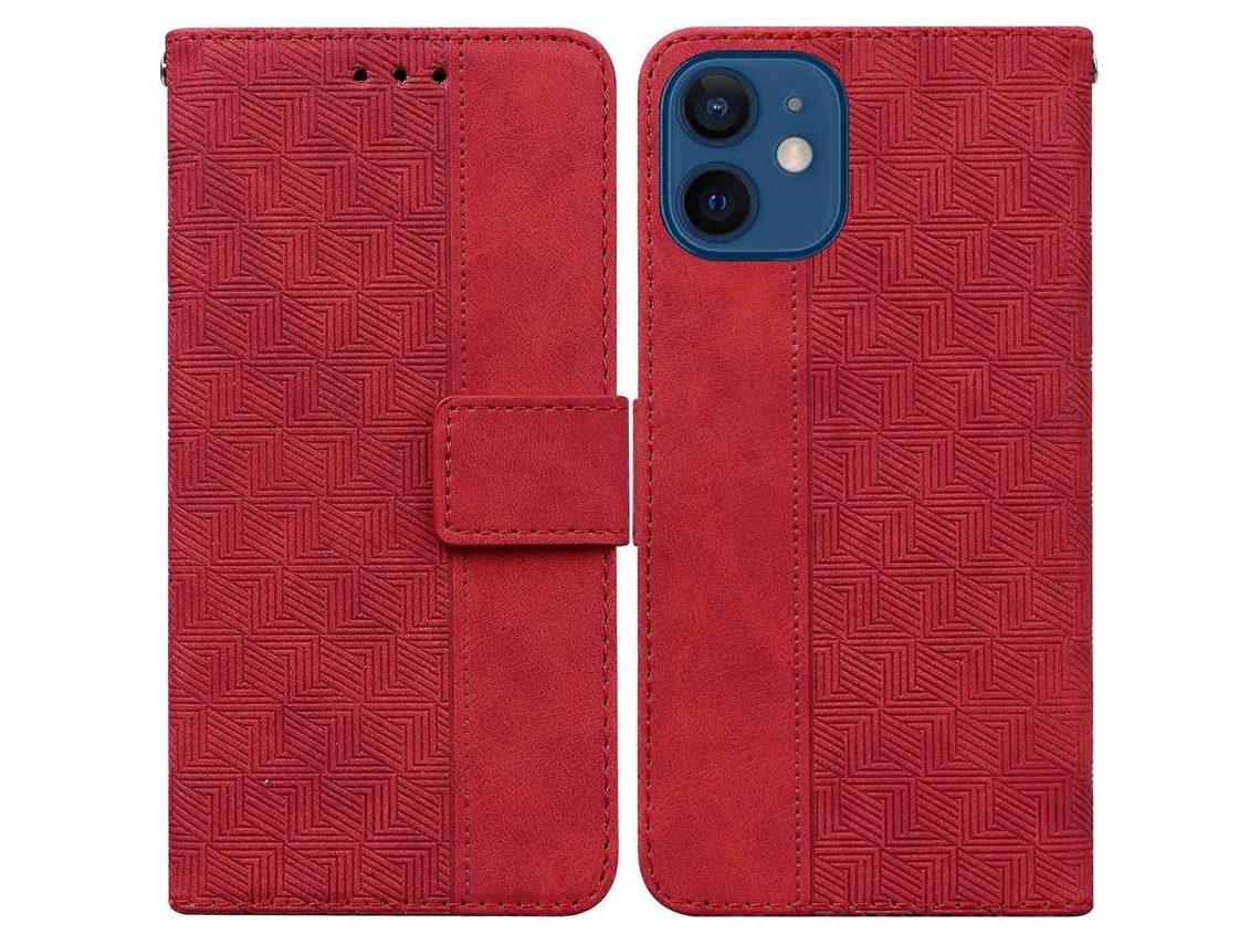 Capa De Couro Com Relevo Geométrico Para Iphone 12 Mini, Vermelha