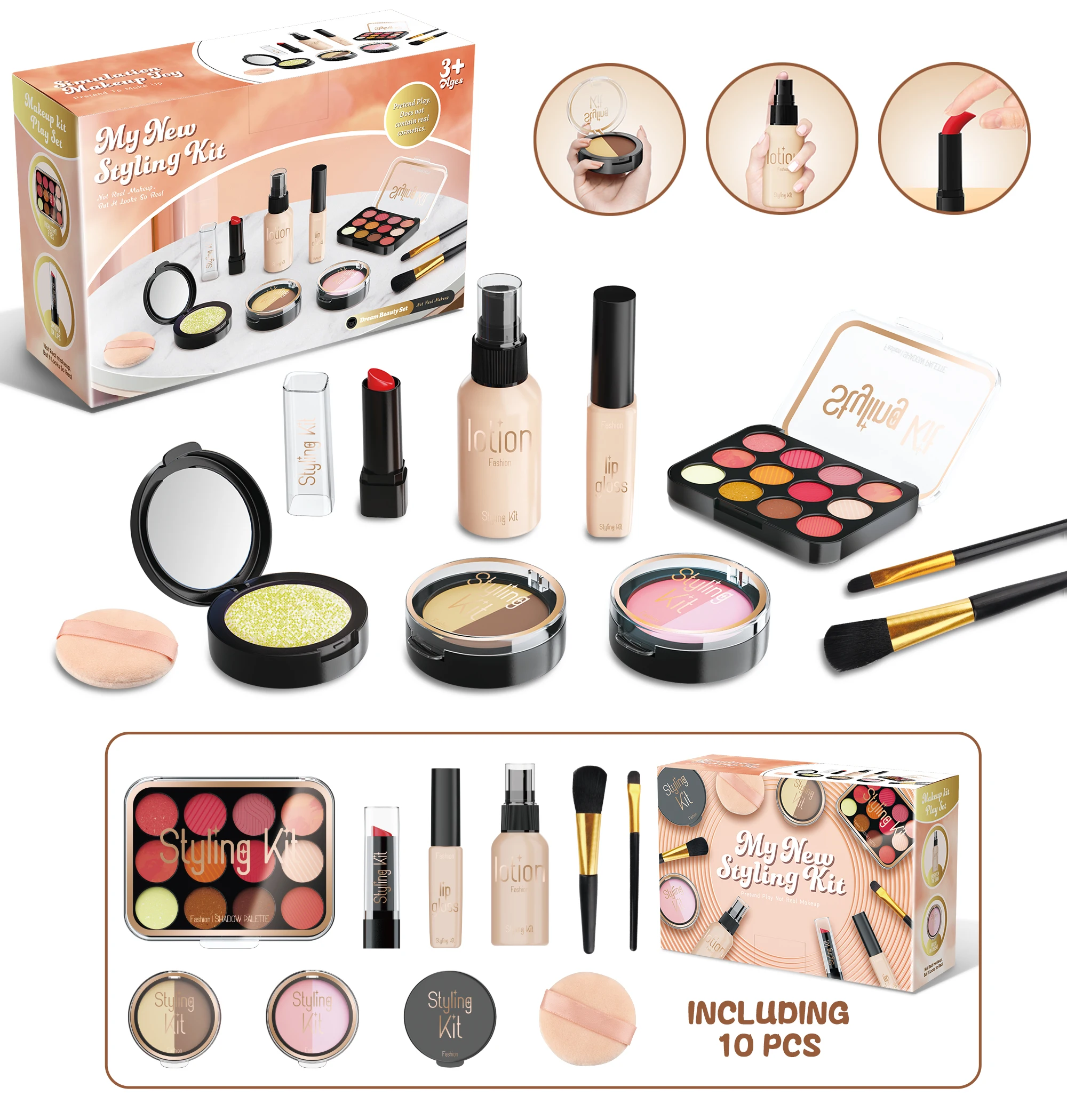 (preto, Conjunto De 10 Peças) Brinquedos Cosméticos, Simulação, Não Pode Ser Manchado, Batom, Pó Compacto, Blush, Presente Para Meninas