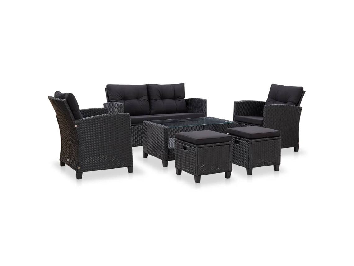 6 Pcs Conjunto Sofás De Jardim C/ Almofadões Vime Pe Preto Dkd Home Decor