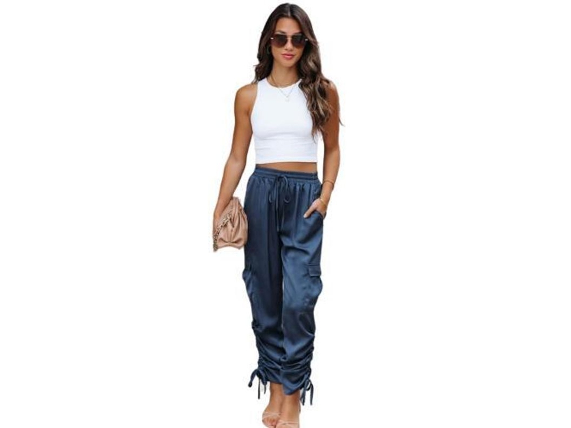 2026-pantalones Jogger De Seda Para Mujer Casual De Cintura Alta Con Bolsillos De Largo L Azul Marino