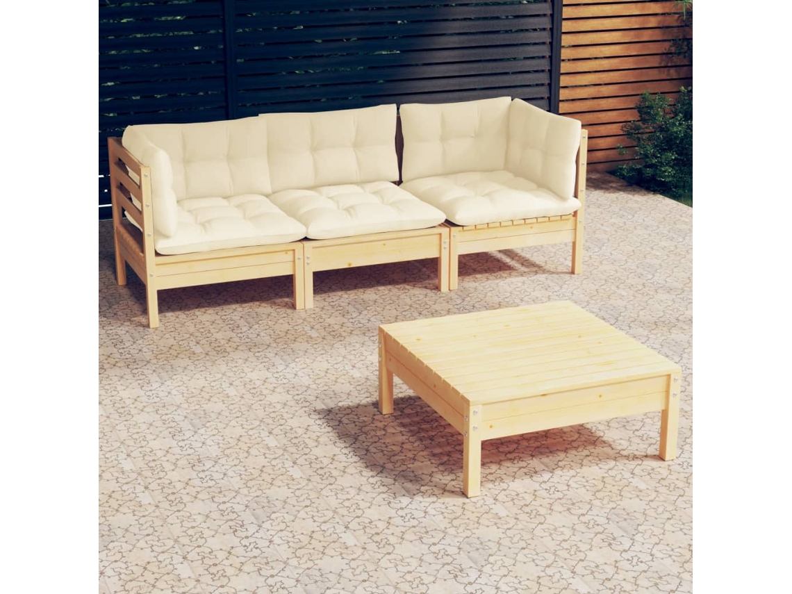 4 Pcs Conjunto Lounge Jardim C/ Almofadões Creme Pinho Dkd Home Decor
