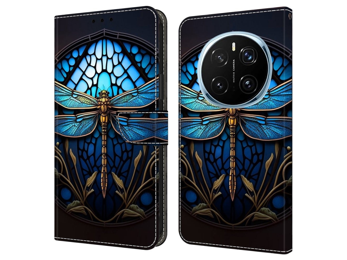 Capa Para Honor Magic7 Pro 5g Com Compartimento Para Cartão, Estampa Em Couro Pu Flexível, Libélula Azul