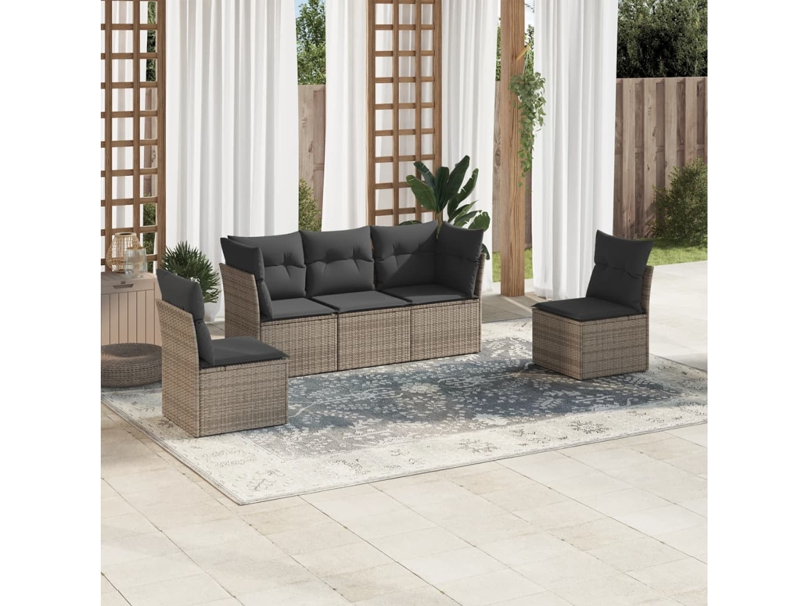 Vidaxl 5 Pcs Conjunto Sofás De Jardim C/ Almofadões Vime Pe Cinzento