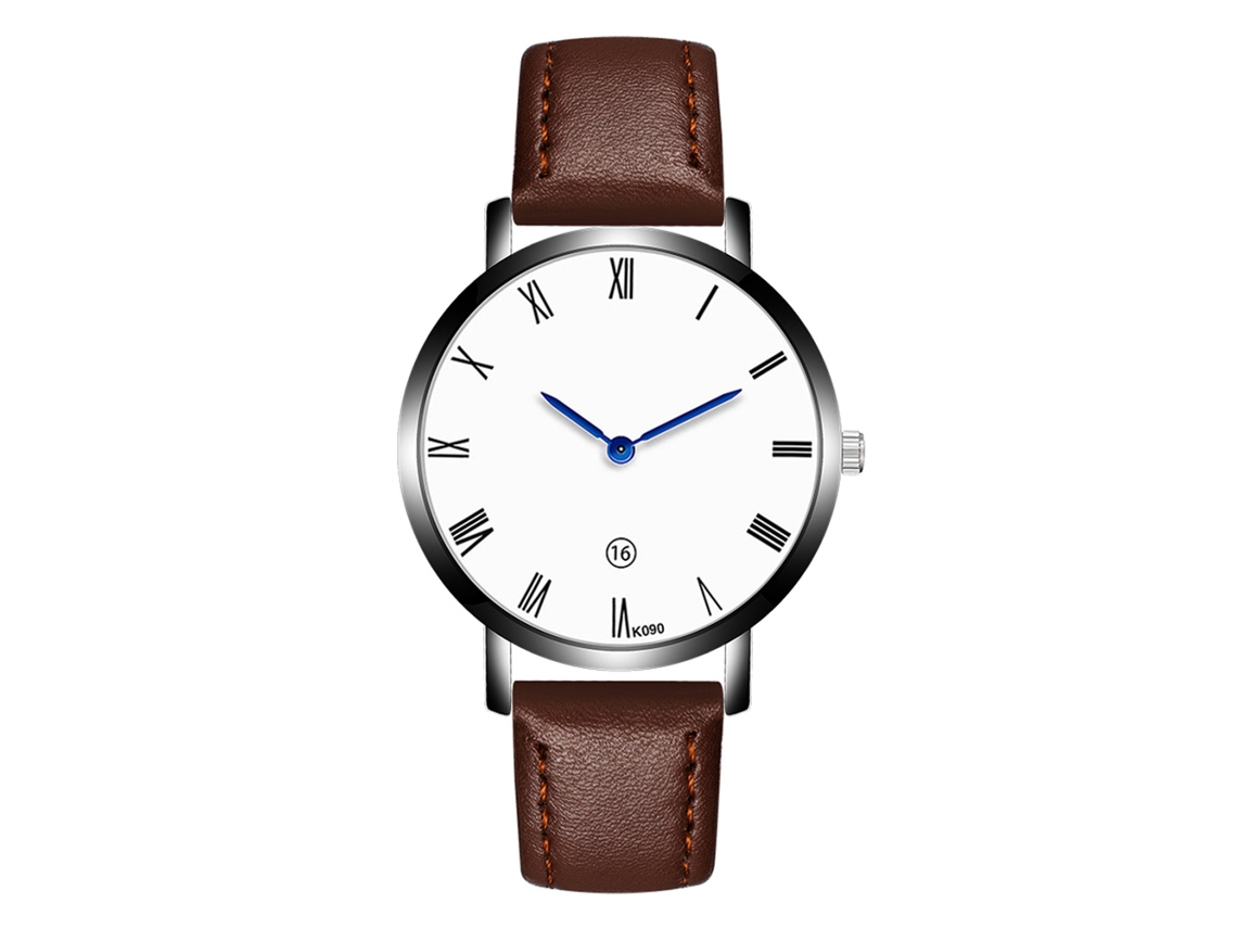 Relógio masculino de quartzo com pulseira de couro sintético, numerais romanos, mostrador azul e ponteiro marrom escuro.