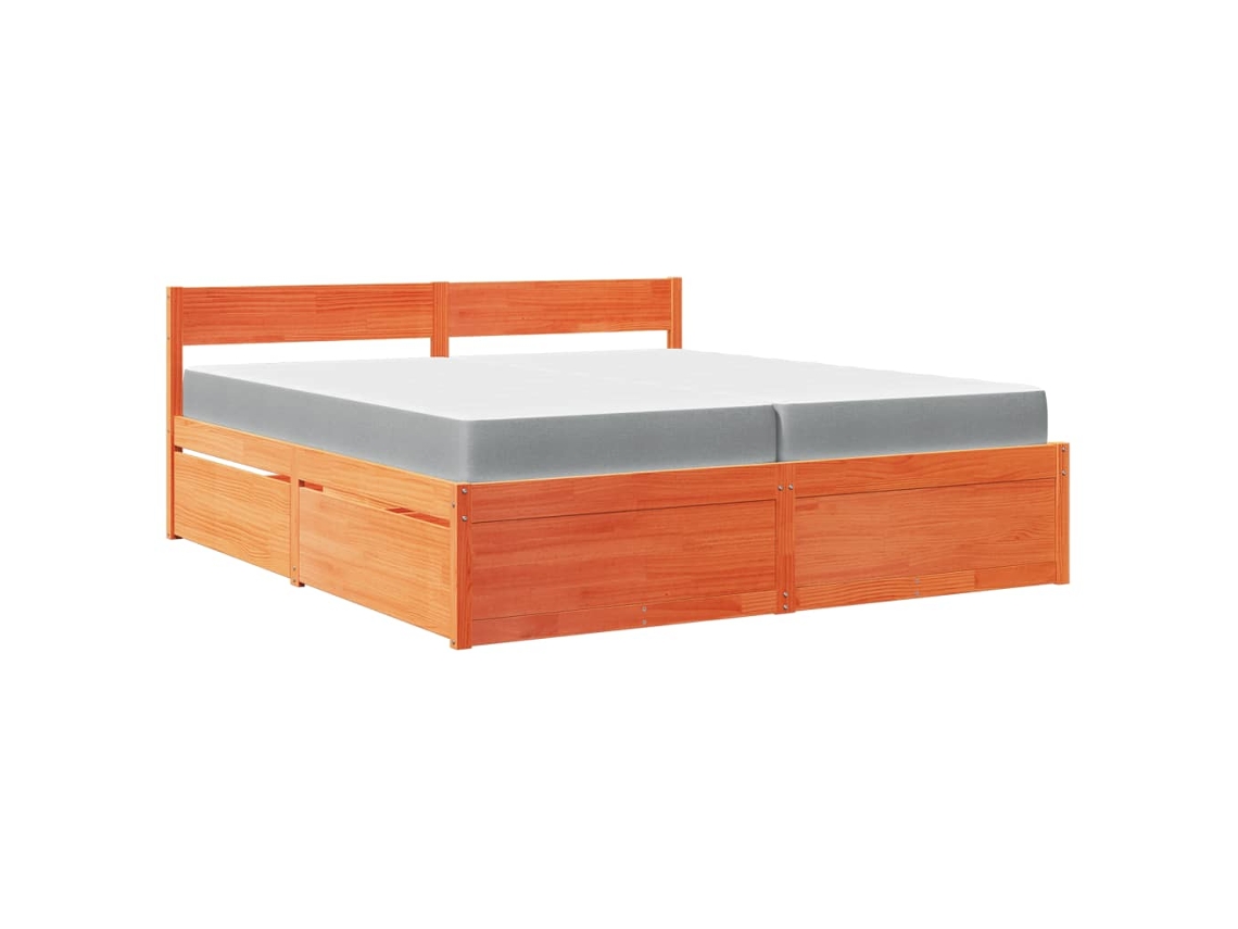 Cama com Gavetas e Colchão Pinho Maciço Castanho Mel MAISON EXCLUSIVE (200x200 cm)
