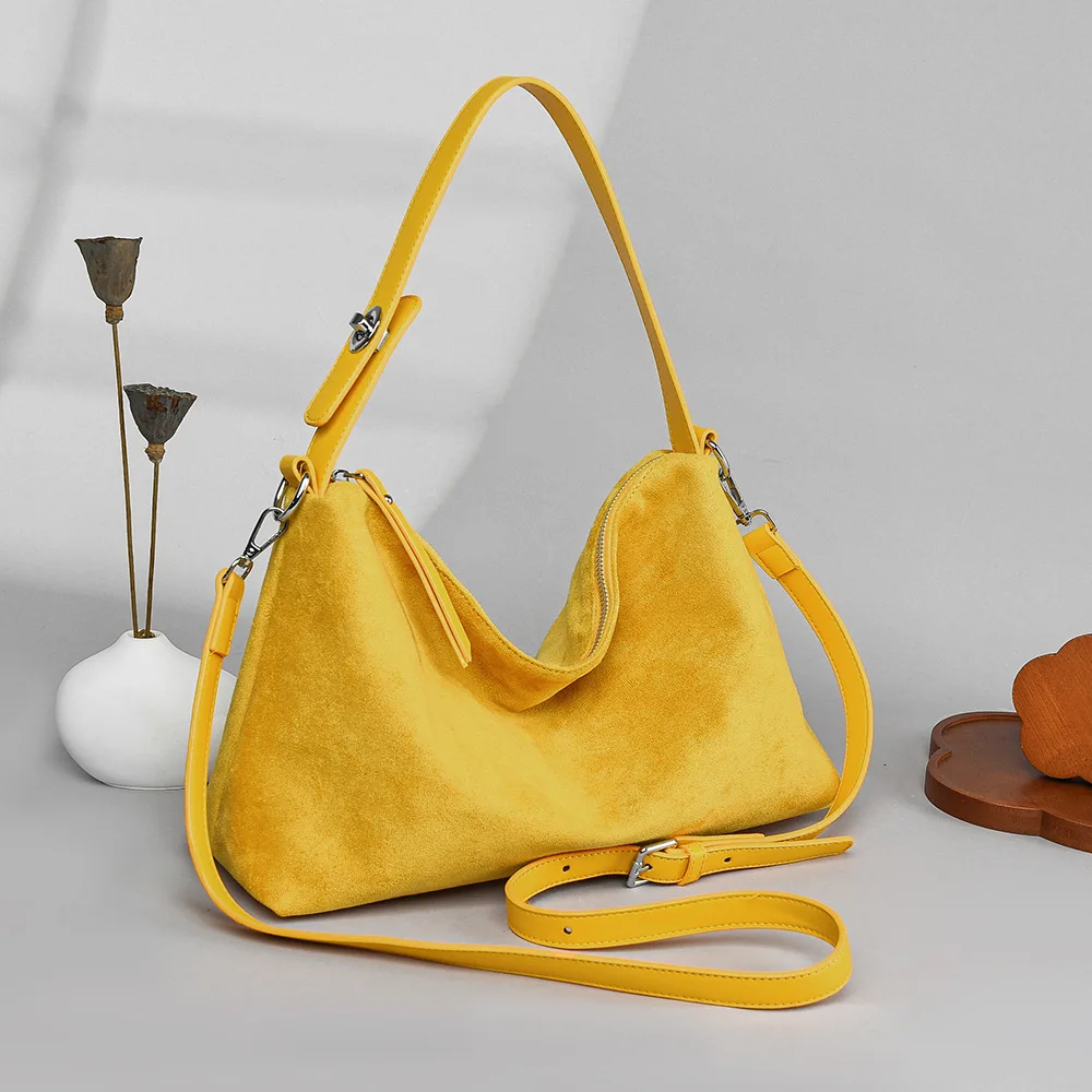 Bolsa Transversal Feminina Retrô Em Camurça Amarela, Bolsa De Ombro Feminina, Bolsa Casual.