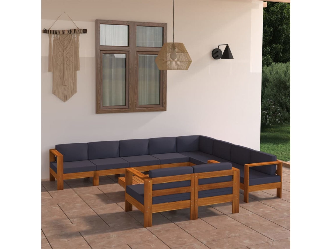 Vidaxl 10 Pcs Conj. Lounge De Jardim C/ Almofadões Cinza-escuro Acácia