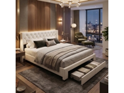 Cama de Casal Veludo com Led RGB, Usb, Bolsos de Arrumação e 2 Gavetões, Bege Crema, 140x190 Cm