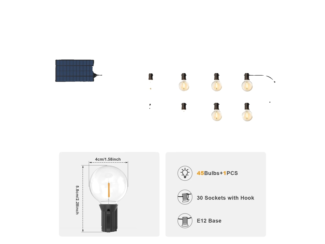 Luz De Cordão Led Solar, 8 Modos, Impermeável Ip65, 17.25m 46 Lâmpadas G40 Oem