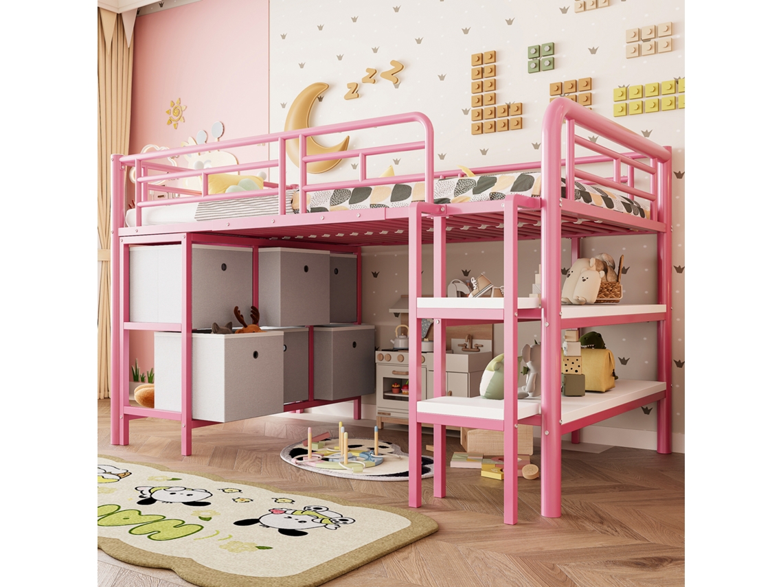 Cama Metal 90x200cm, Armazenamento, Escada Larga Cantos Arredondados. Quarto Infantil Rosa. Cs