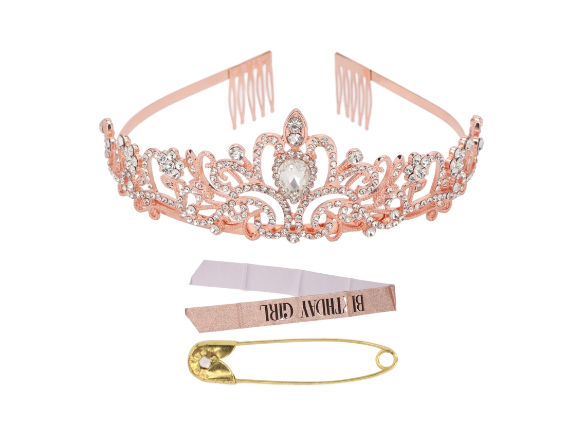 Kit De Faixa E Coroa Para Aniversário De Menina Com Glitter E Strass Decoração De Festa Princesa Ouro Rosa