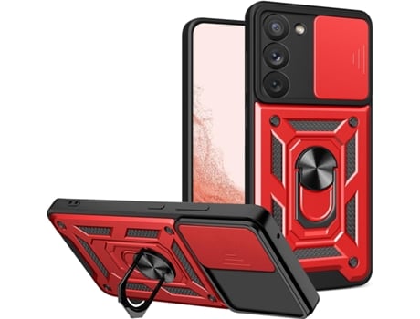 Suporte Coque Pour Avec Cache Webcam Annulaire Antichute Housse para Samsung Galaxy S23 5G HONGWE. Vermelho
