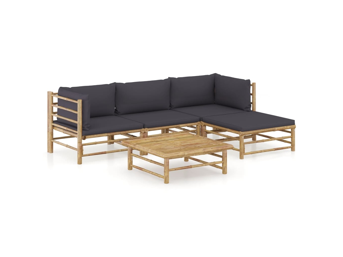 Vidaxl 5 Pcs Conj. Lounge Jardim Em Bambu C/ Almofadões Cinza-escuro