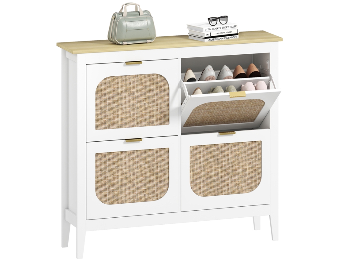 Móvel para Sapatos 20 Pares Estilo Boho com 4 Gavetas Rebatíveis,portas em Efeito Vime Rattan,105x24x95,5cm,branco BTFORUS