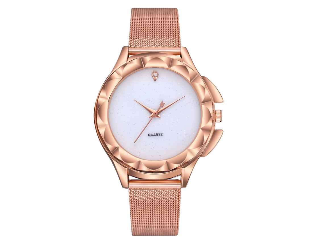 Relógio Feminino de Moda com Pulseira de Malha e Strass Mostrador Brilhante Branco