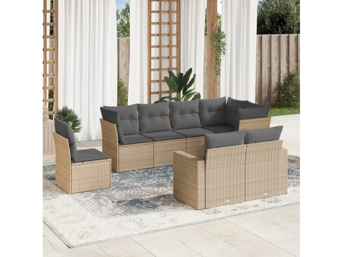 Vidaxl 8 Pcs Conjunto De Sofás P/ Jardim Com Almofadões Vime Pe Bege