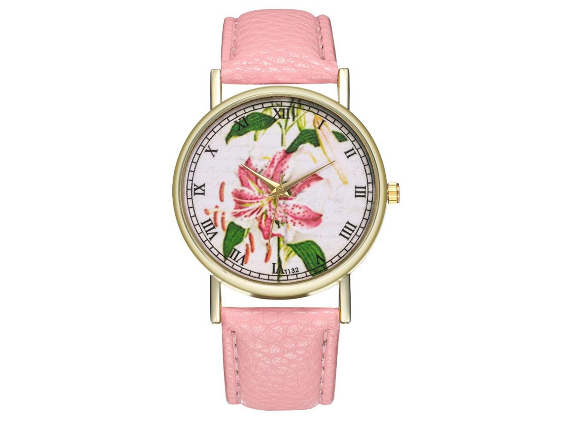 Relógio Zhoulianfa Unissex Rosa Floral com Pulseira em Couro PU e Movimento Analógico de Quartzo.