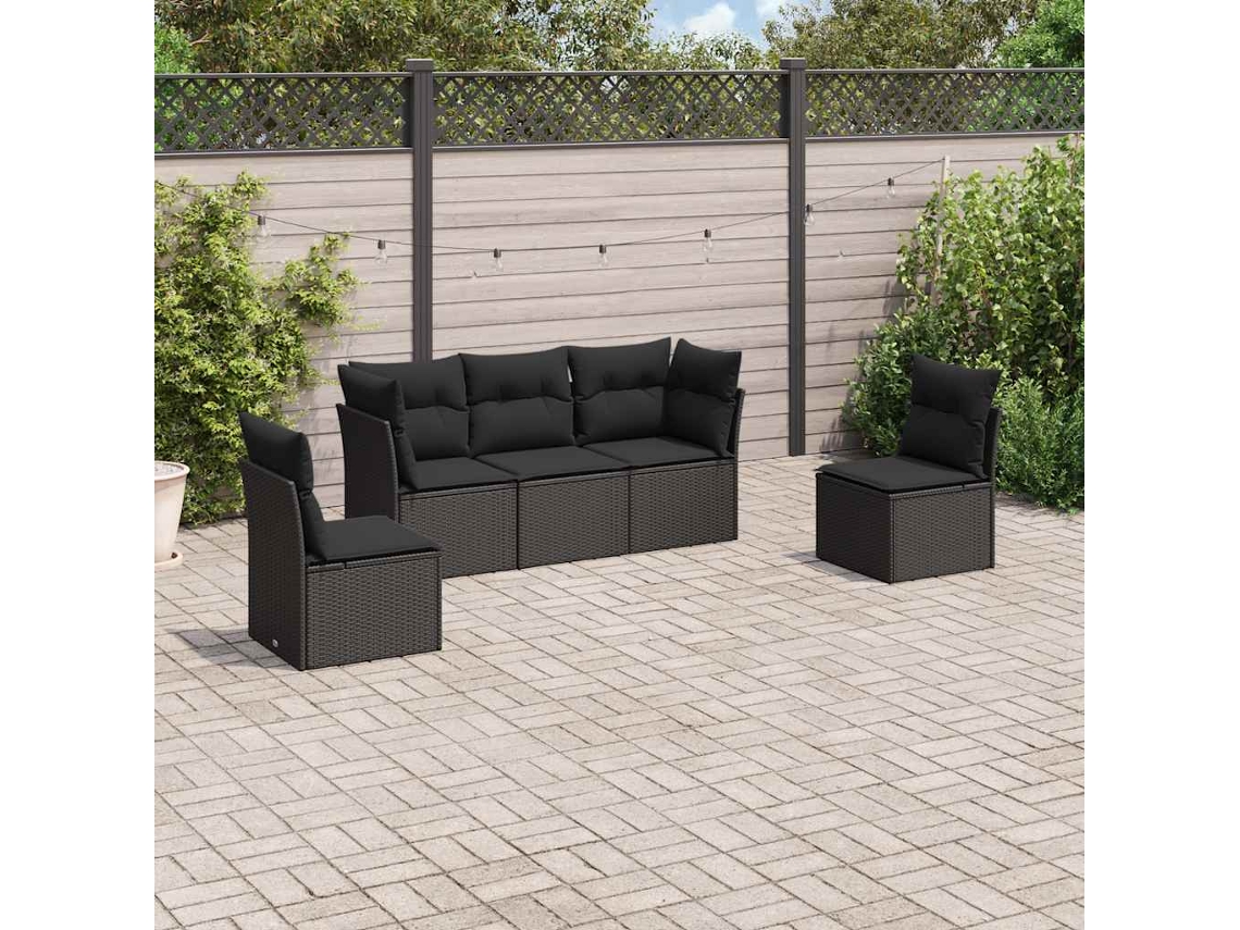 Vidaxl 5 Pcs Conjunto Sofás De Jardim Com Almofadões Vime Pe Preto