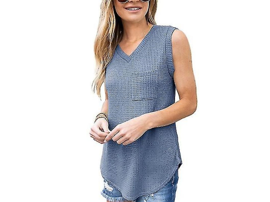 Blusa Feminina De Verão Em Poliéster - Gola V Sexy, Modelo Casual E Fashion, Cor Solida, Respirável E Durável Azul